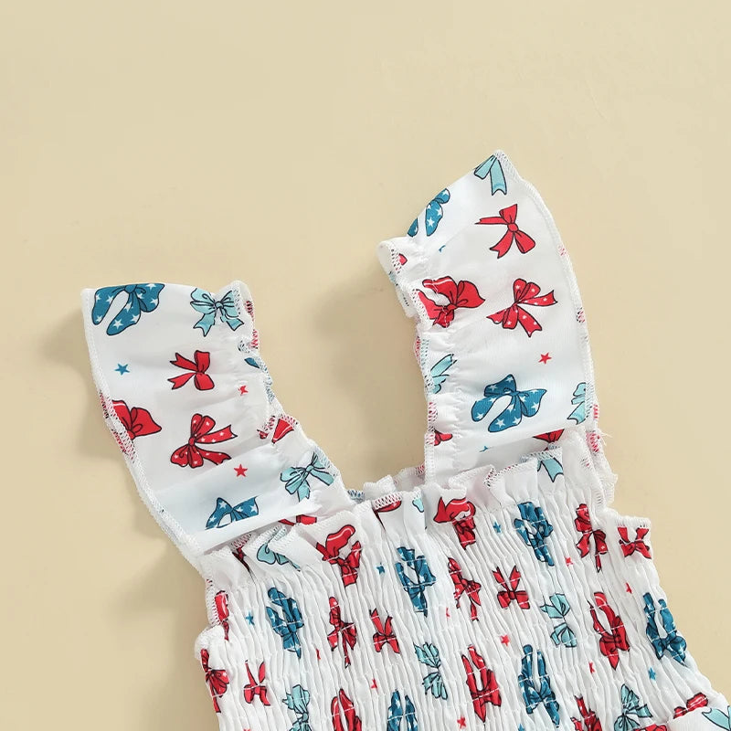 Cute Baby Girls Floral Print Ruffle Sleeve Romper Jumpsuit Toddler Summer Overall Suspender Pants Bowknot Outfit