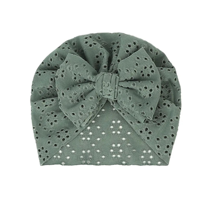 Summer Hollow Baby Turban Cap Big Bow Infant Indian Hat Thin Cotton Newborn Elastic Headscarf Solid Color Kids Hair Accessories
