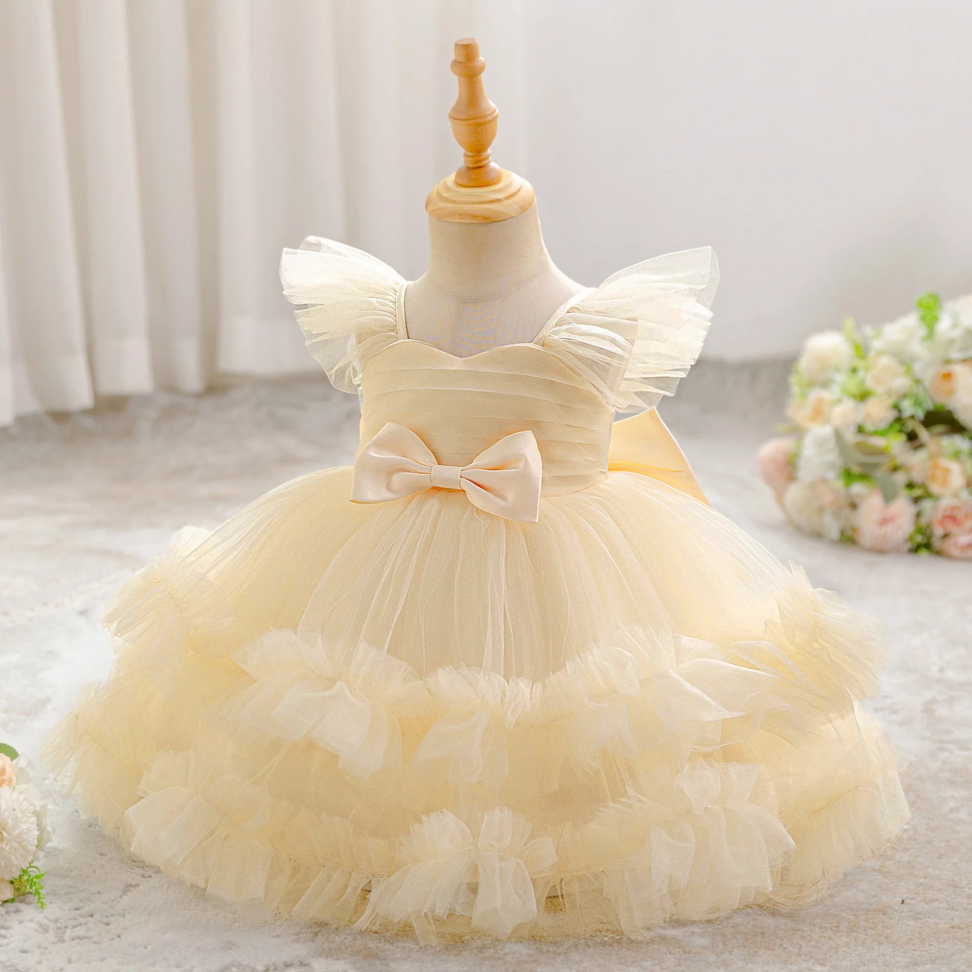 Baby Girl Elegant Layered Bow Princess Dress For Infant Toddler Ceremony Birthday Party Communion Baptism Christening Gown
