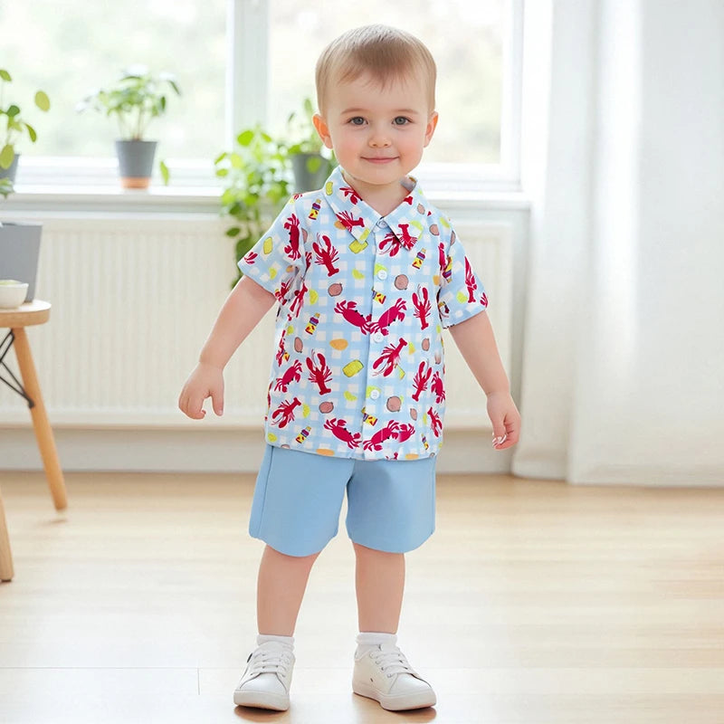 Infant Boys Casual Wear Short Sleeve Button Down Shirt and Shorts Set with Fun Lobster Print - Toddler Summer Outfit Collection