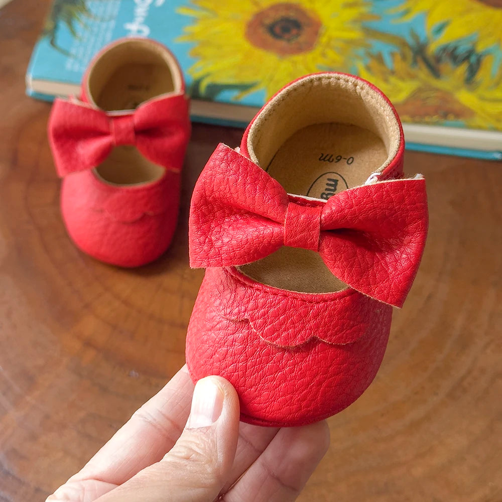 Baby Casual Shoes Infant Toddler Bowknot Non-slip Rubber Soft-Sole Flat PU First Walker Newborn Bow Decor Mary Janes