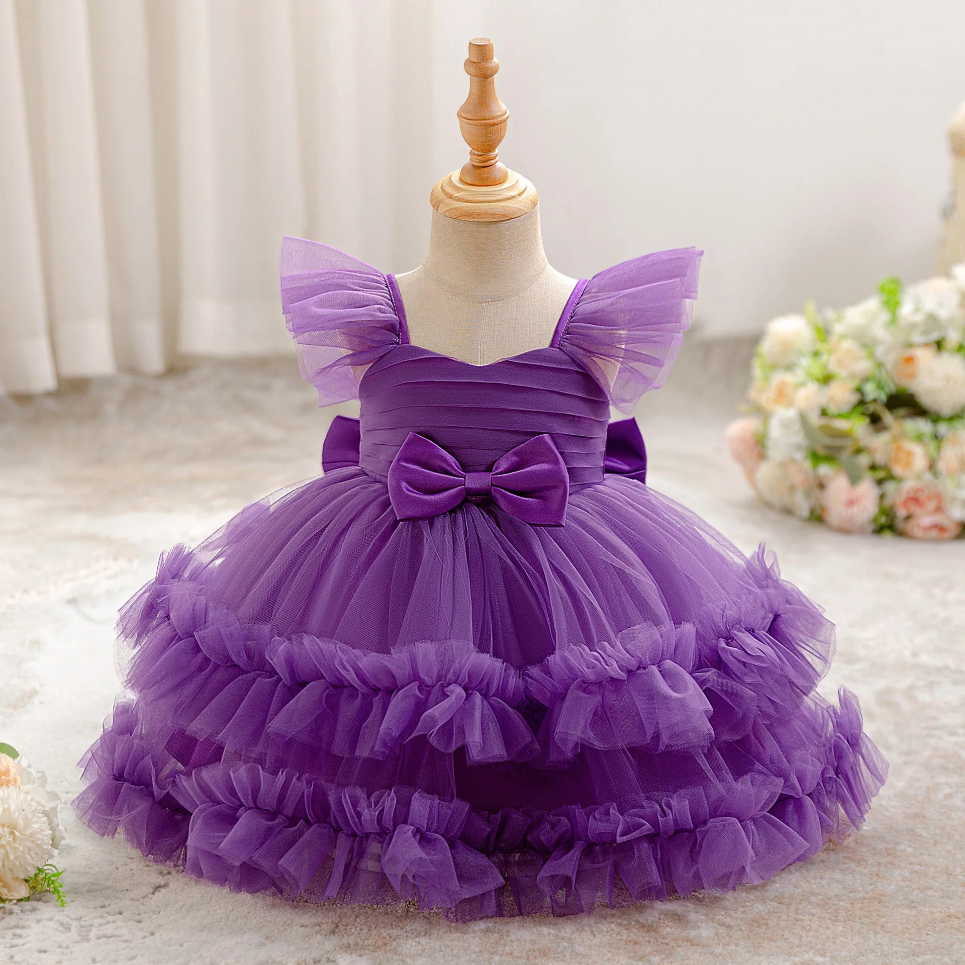 Baby Girl Elegant Layered Bow Princess Dress For Infant Toddler Ceremony Birthday Party Communion Baptism Christening Gown