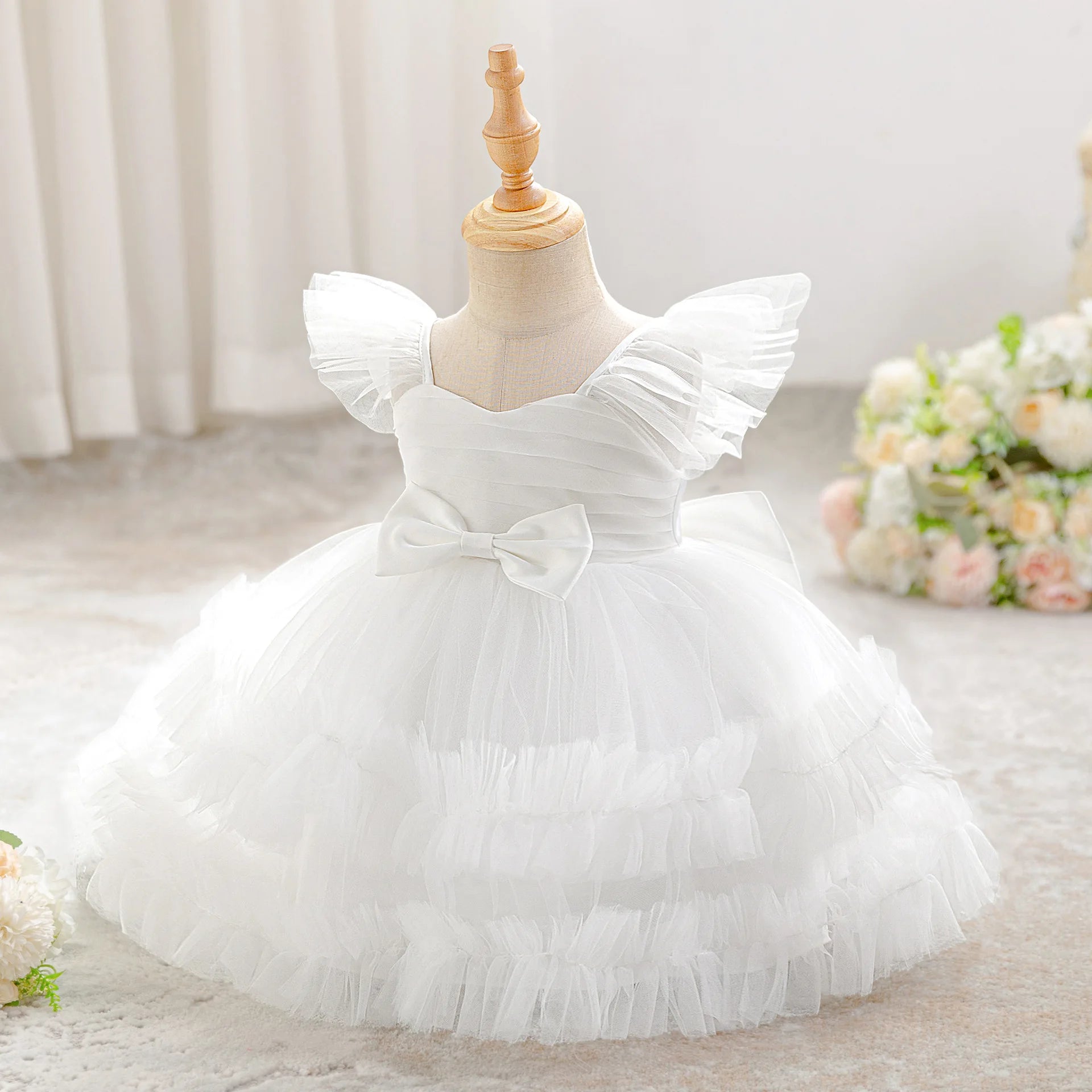 Baby Girl Elegant Layered Bow Princess Dress For Infant Toddler Ceremony Birthday Party Communion Baptism Christening Gown