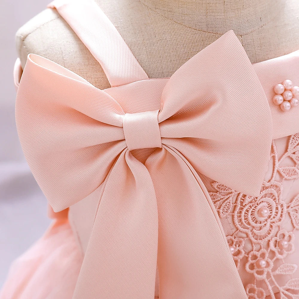 Bow Summer Dresses Infant Baby Girl Birthday Party Dress Lace Flower Newborn Princess Clothes Toddler Baby Girls Wedding Gown
