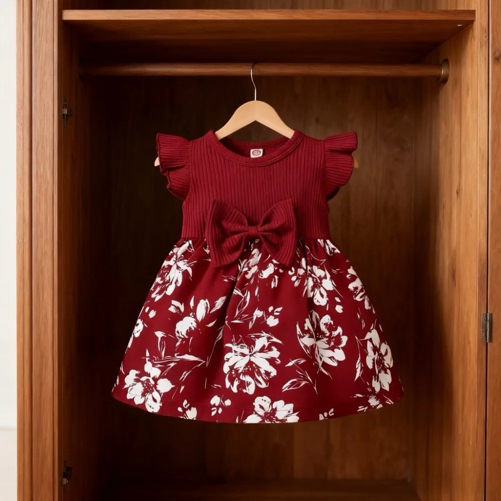 Bow Baby Girl Dress Floral Cotton Newborn Clothes Set Soft with Headband Socks Infant Red Princess Dress Baby Aged 3-12 Months