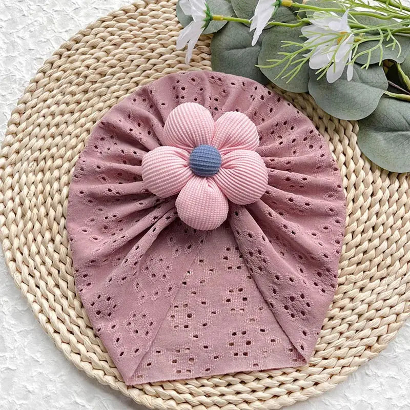 Summer Hollow Baby Turban Cap Big Bow Infant Indian Hat Thin Cotton Newborn Elastic Headscarf Solid Color Kids Hair Accessories