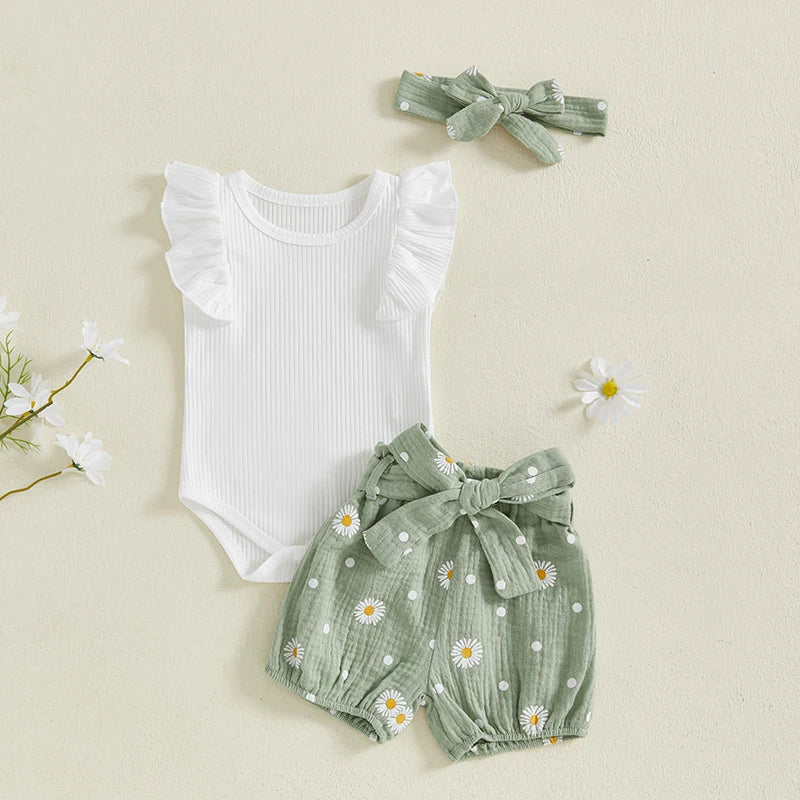 Adorable Toddler Summer Ensemble with Frilly Flutter Sleeve  Floral Print Bottoms Matching Hair Bow and Belt - 4 Piece