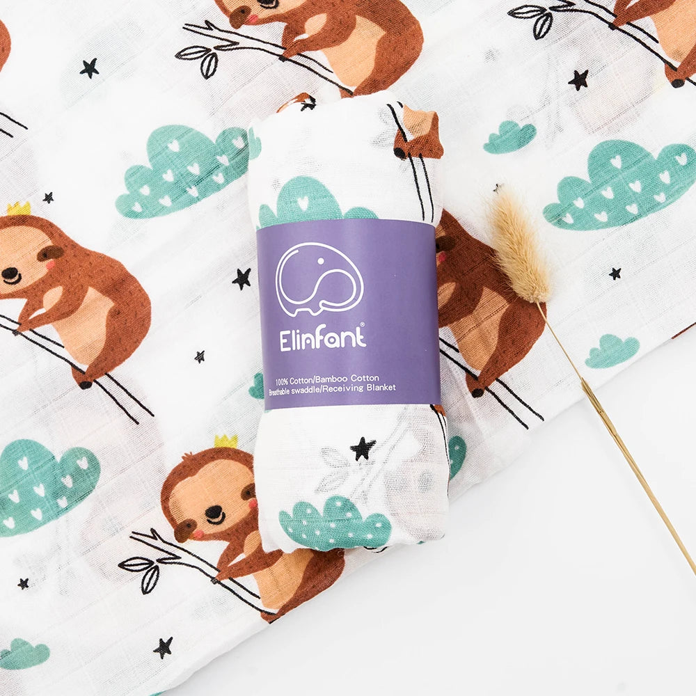Elinfant 120x110cm Bamboo Cotton Baby Muslin Swaddle Blanket Cute Soft Print Baby Towel Wrap