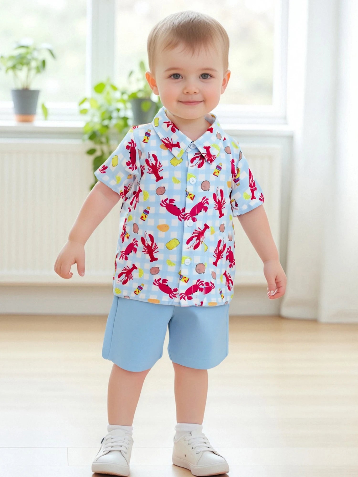 Infant Boys Casual Wear Short Sleeve Button Down Shirt and Shorts Set with Fun Lobster Print - Toddler Summer Outfit Collection