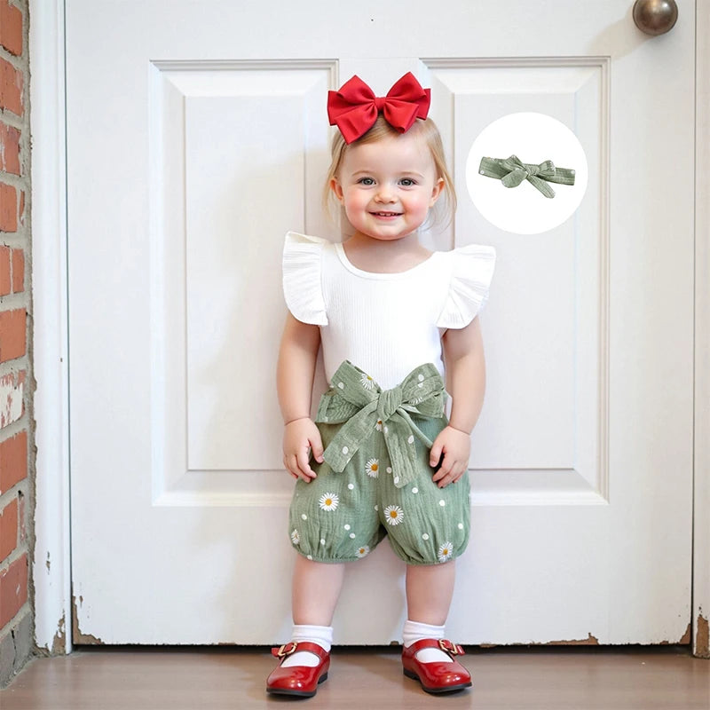 Adorable Toddler Summer Ensemble with Frilly Flutter Sleeve  Floral Print Bottoms Matching Hair Bow and Belt - 4 Piece