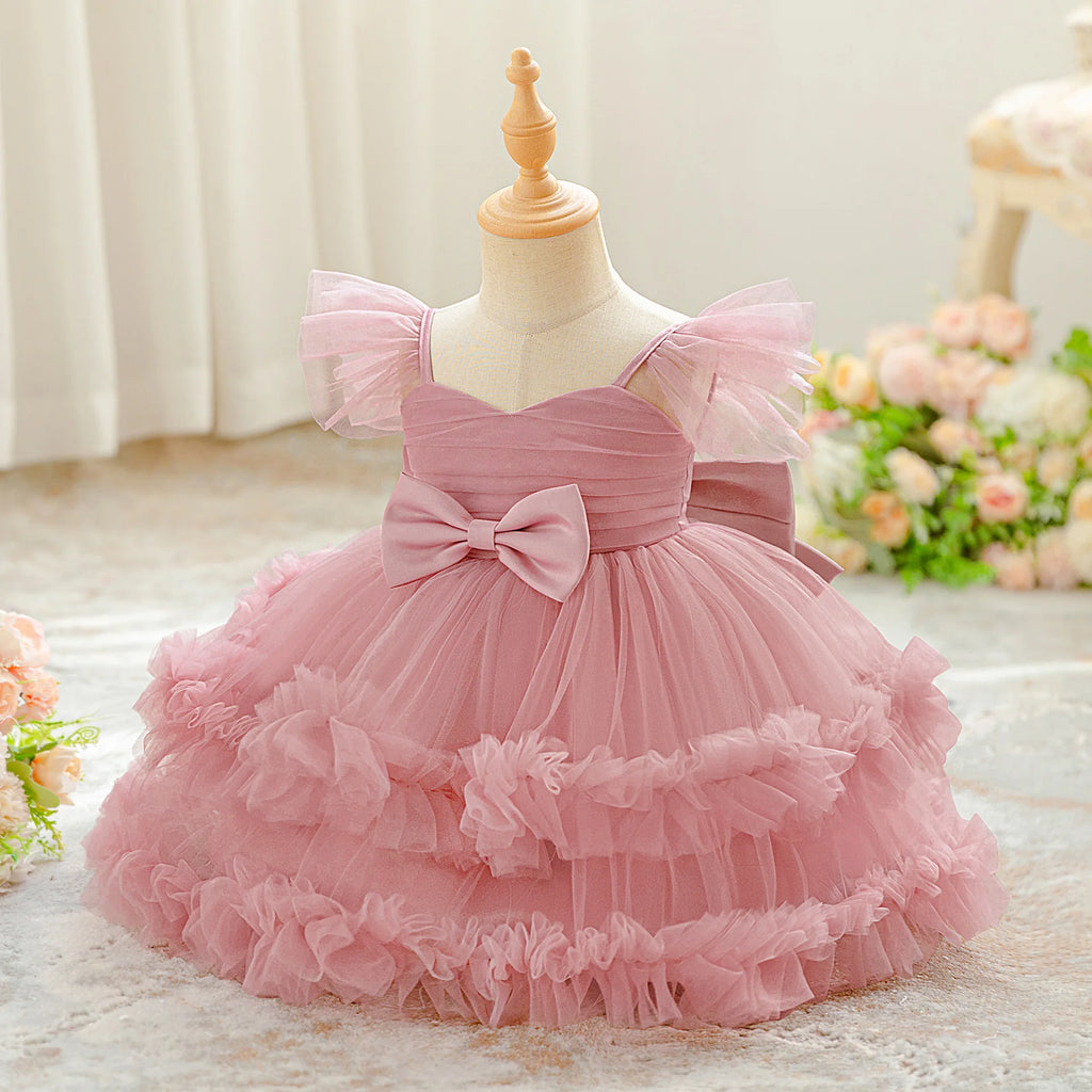 Baby Girl Elegant Layered Bow Princess Dress For Infant Toddler Ceremony Birthday Party Communion Baptism Christening Gown
