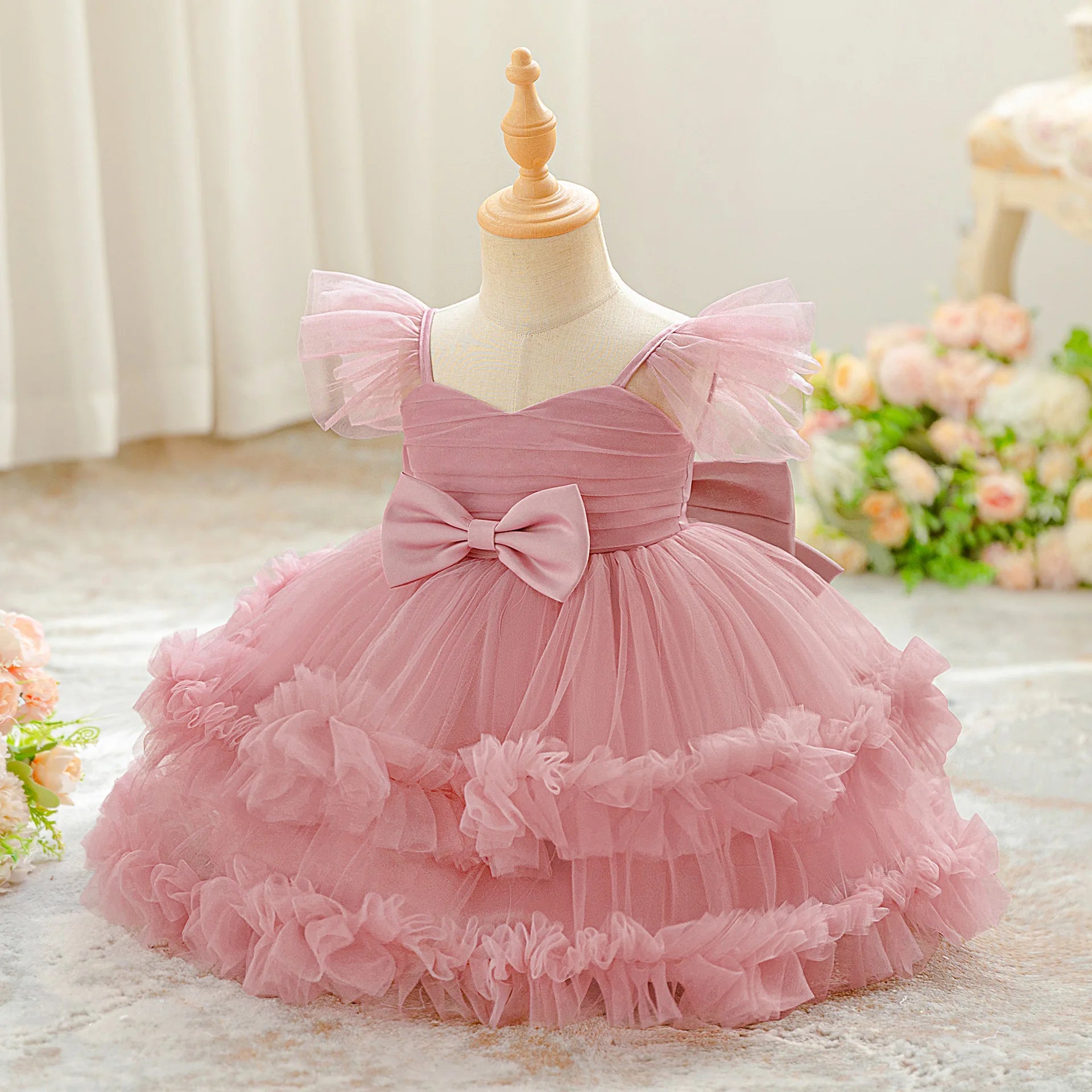 Baby Girl Elegant Layered Bow Princess Dress For Infant Toddler Ceremony Birthday Party Communion Baptism Christening Gown