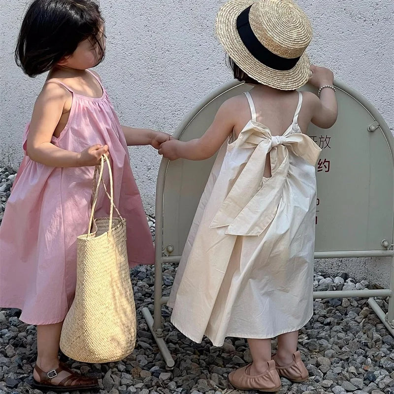Fashion Baby Girl Princess Cotton Strap Dress Bow Infant Toddler Child Suspender Vestido Solid Color Summer Baby Clothes 1-10Y