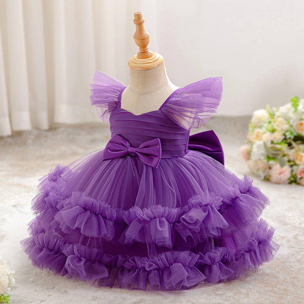 Baby Girl Elegant Layered Bow Princess Dress For Infant Toddler Ceremony Birthday Party Communion Baptism Christening Gown