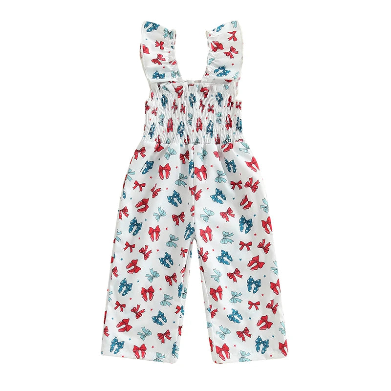 Cute Baby Girls Floral Print Ruffle Sleeve Romper Jumpsuit Toddler Summer Overall Suspender Pants Bowknot Outfit