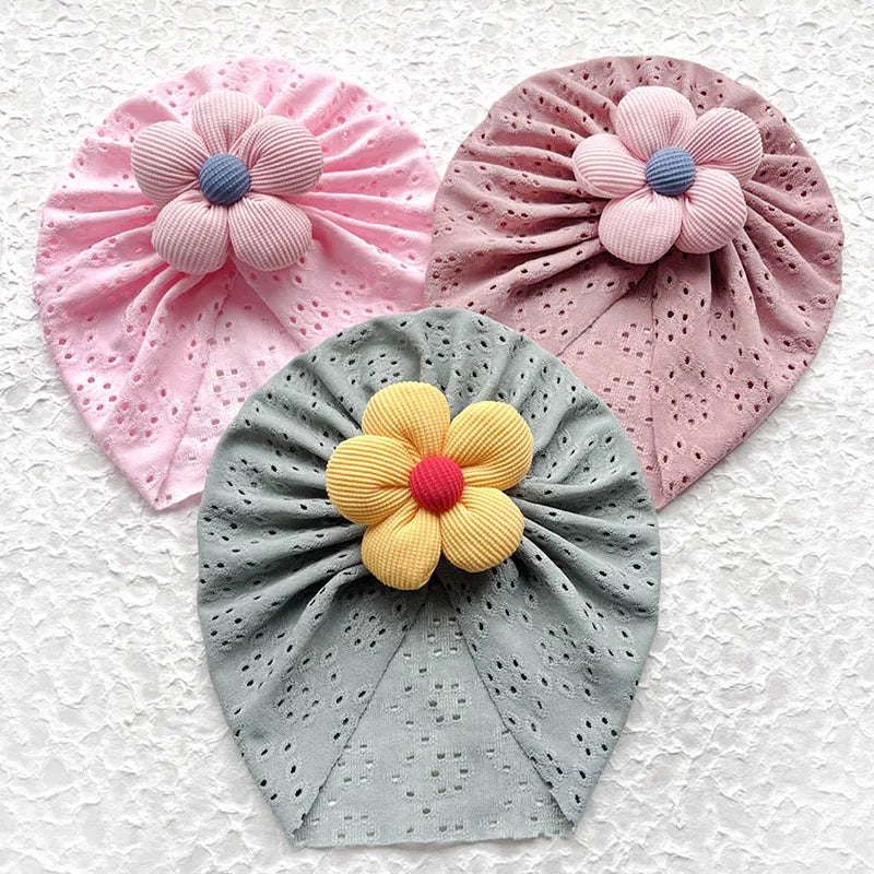 Summer Hollow Baby Turban Cap Big Bow Infant Indian Hat Thin Cotton Newborn Elastic Headscarf Solid Color Kids Hair Accessories