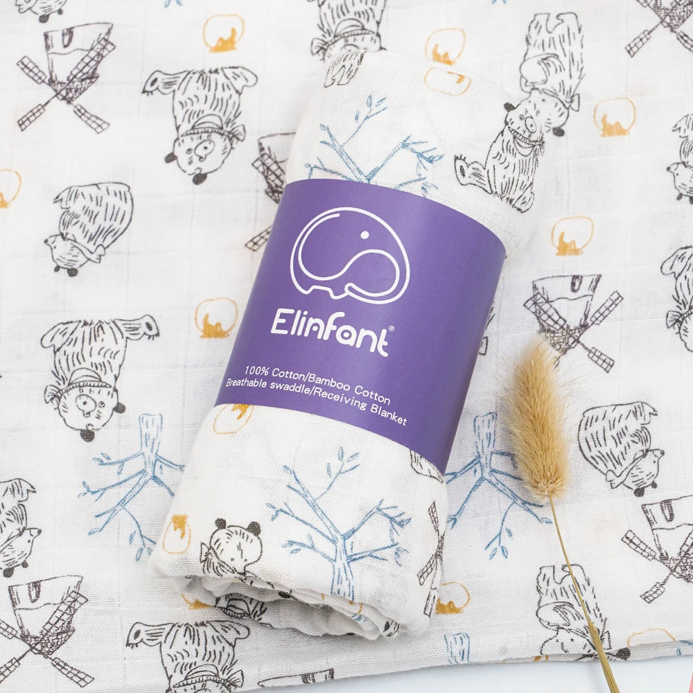 Elinfant 120x110cm Bamboo Cotton Baby Muslin Swaddle Blanket Cute Soft Print Baby Towel Wrap
