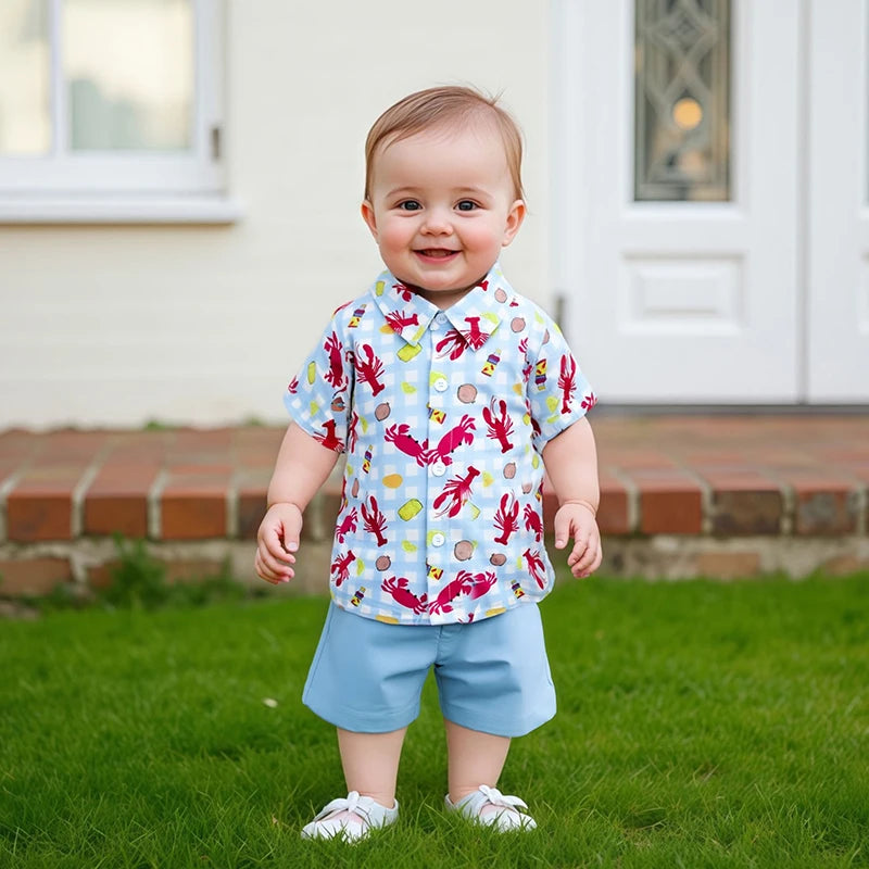 Infant Boys Casual Wear Short Sleeve Button Down Shirt and Shorts Set with Fun Lobster Print - Toddler Summer Outfit Collection
