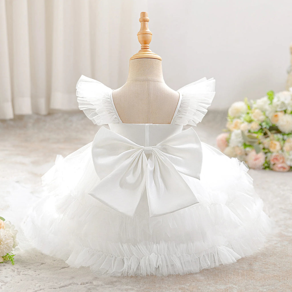 Baby Girl Elegant Layered Bow Princess Dress For Infant Toddler Ceremony Birthday Party Communion Baptism Christening Gown