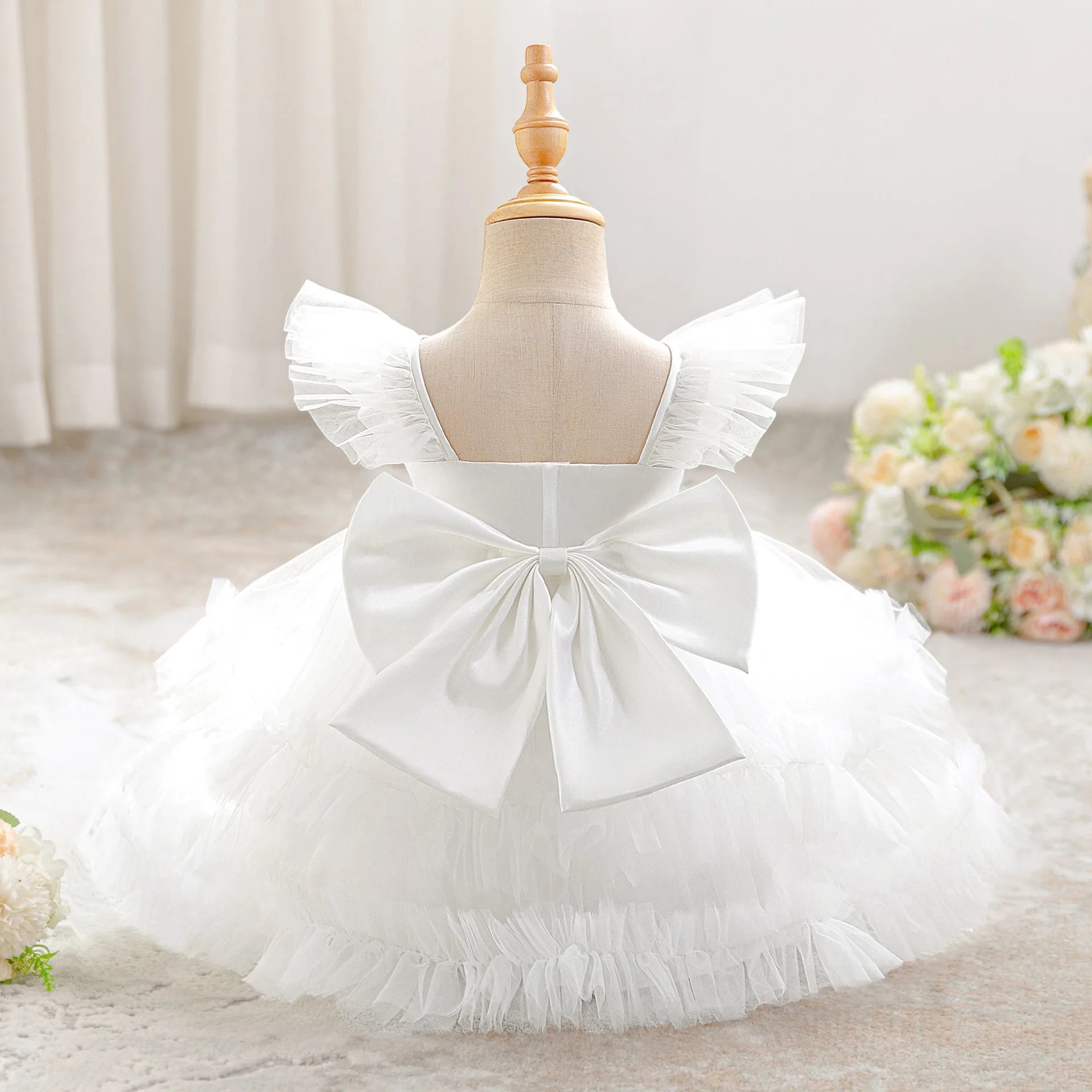 Baby Girl Elegant Layered Bow Princess Dress For Infant Toddler Ceremony Birthday Party Communion Baptism Christening Gown