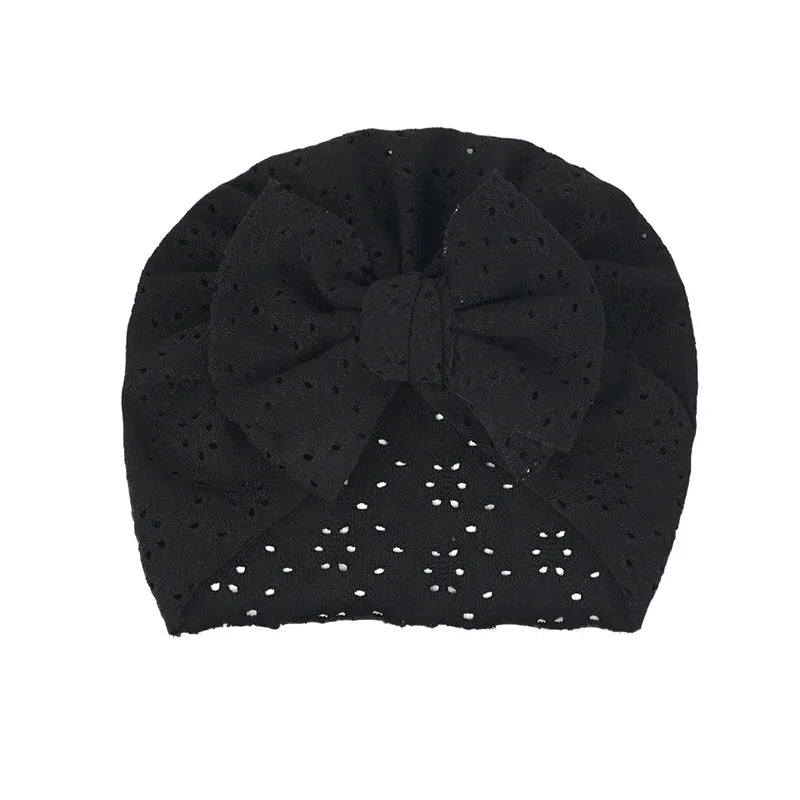 Summer Hollow Baby Turban Cap Big Bow Infant Indian Hat Thin Cotton Newborn Elastic Headscarf Solid Color Kids Hair Accessories