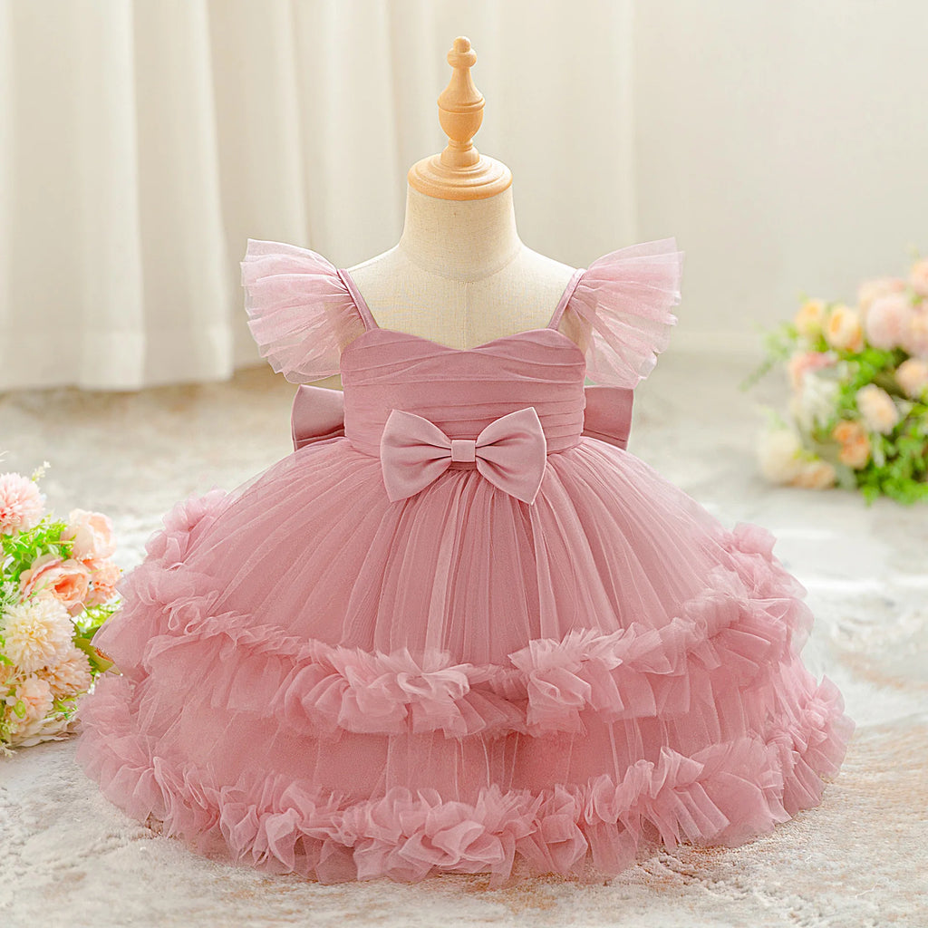 Baby Girl Elegant Layered Bow Princess Dress For Infant Toddler Ceremony Birthday Party Communion Baptism Christening Gown