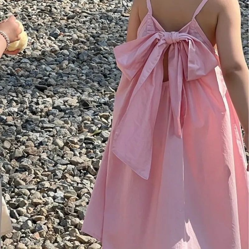 Fashion Baby Girl Princess Cotton Strap Dress Bow Infant Toddler Child Suspender Vestido Solid Color Summer Baby Clothes 1-10Y