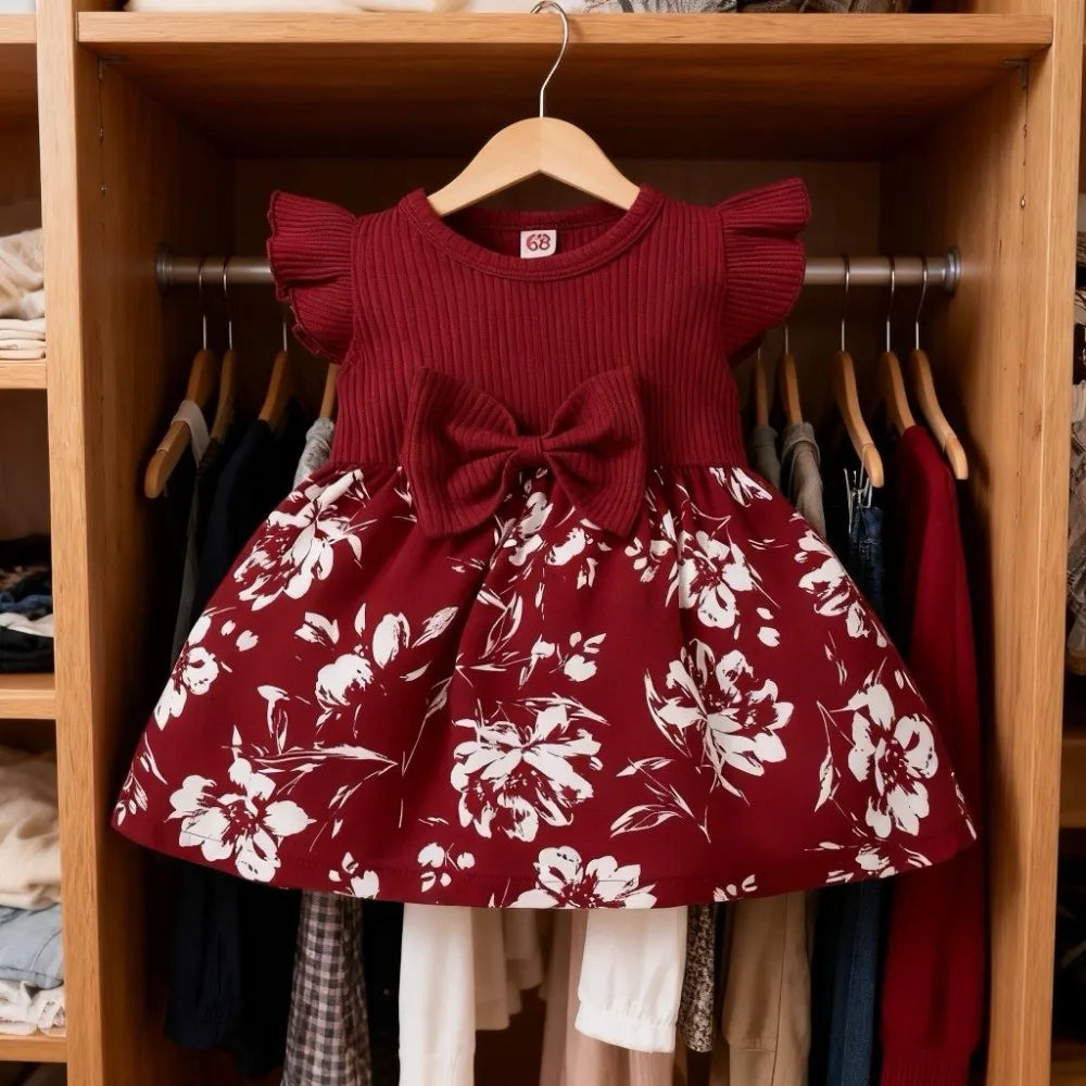 Bow Baby Girl Dress Floral Cotton Newborn Clothes Set Soft with Headband Socks Infant Red Princess Dress Baby Aged 3-12 Months