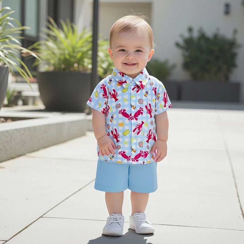 Infant Boys Casual Wear Short Sleeve Button Down Shirt and Shorts Set with Fun Lobster Print - Toddler Summer Outfit Collection
