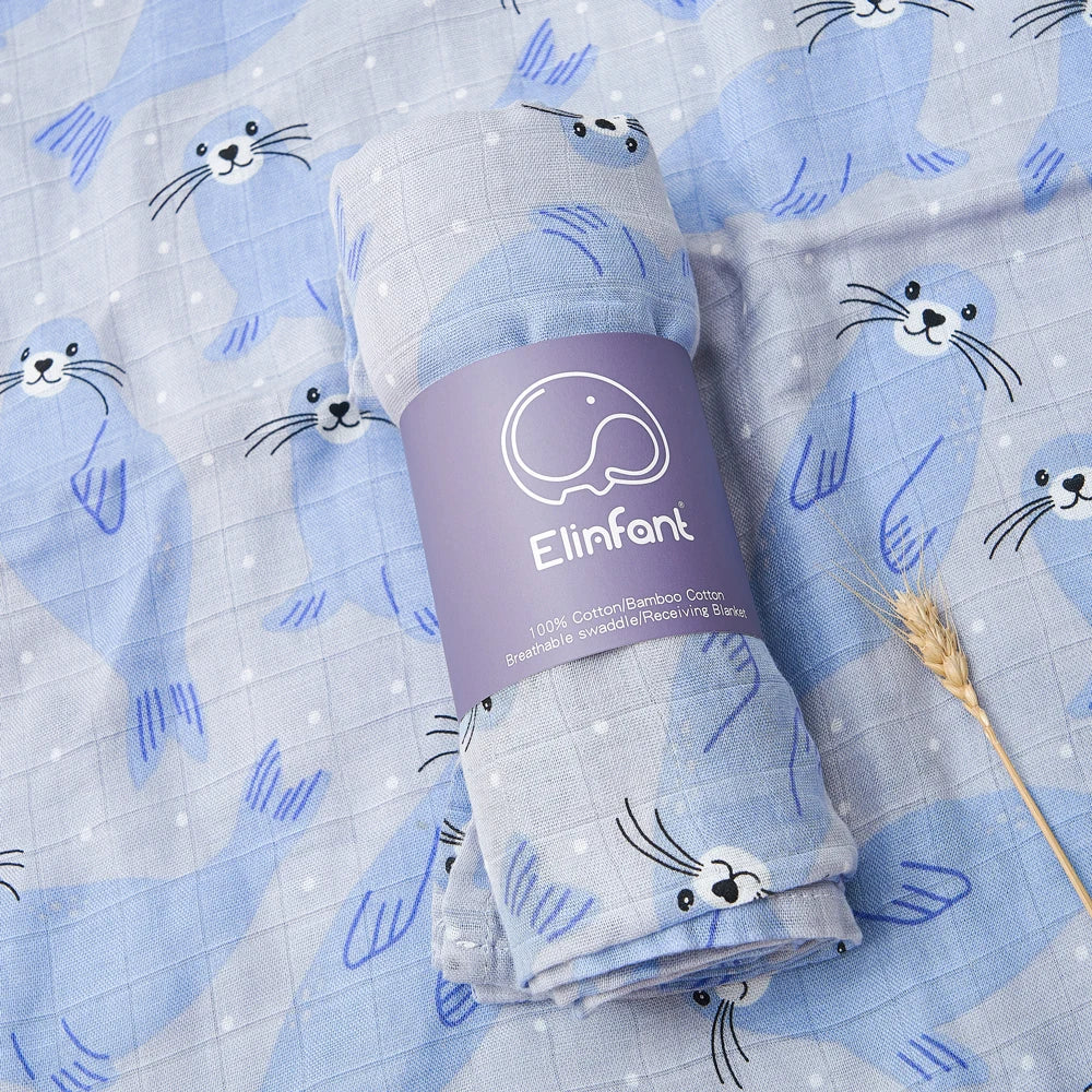 Elinfant 120x110cm Bamboo Cotton Baby Muslin Swaddle Blanket Cute Soft Print Baby Towel Wrap