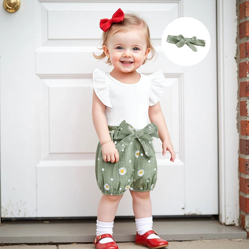 Adorable Toddler Summer Ensemble with Frilly Flutter Sleeve  Floral Print Bottoms Matching Hair Bow and Belt - 4 Piece