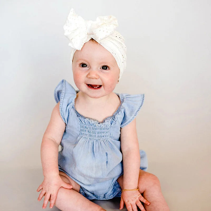 Summer Hollow Baby Turban Cap Big Bow Infant Indian Hat Thin Cotton Newborn Elastic Headscarf Solid Color Kids Hair Accessories