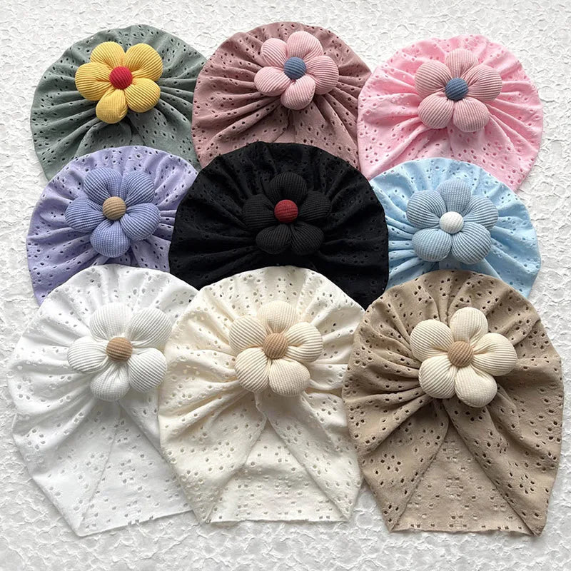 Summer Hollow Baby Turban Cap Big Bow Infant Indian Hat Thin Cotton Newborn Elastic Headscarf Solid Color Kids Hair Accessories